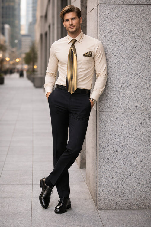 French Cuff + Tie + Handkerchief Men's Dress Shirt With Tie
