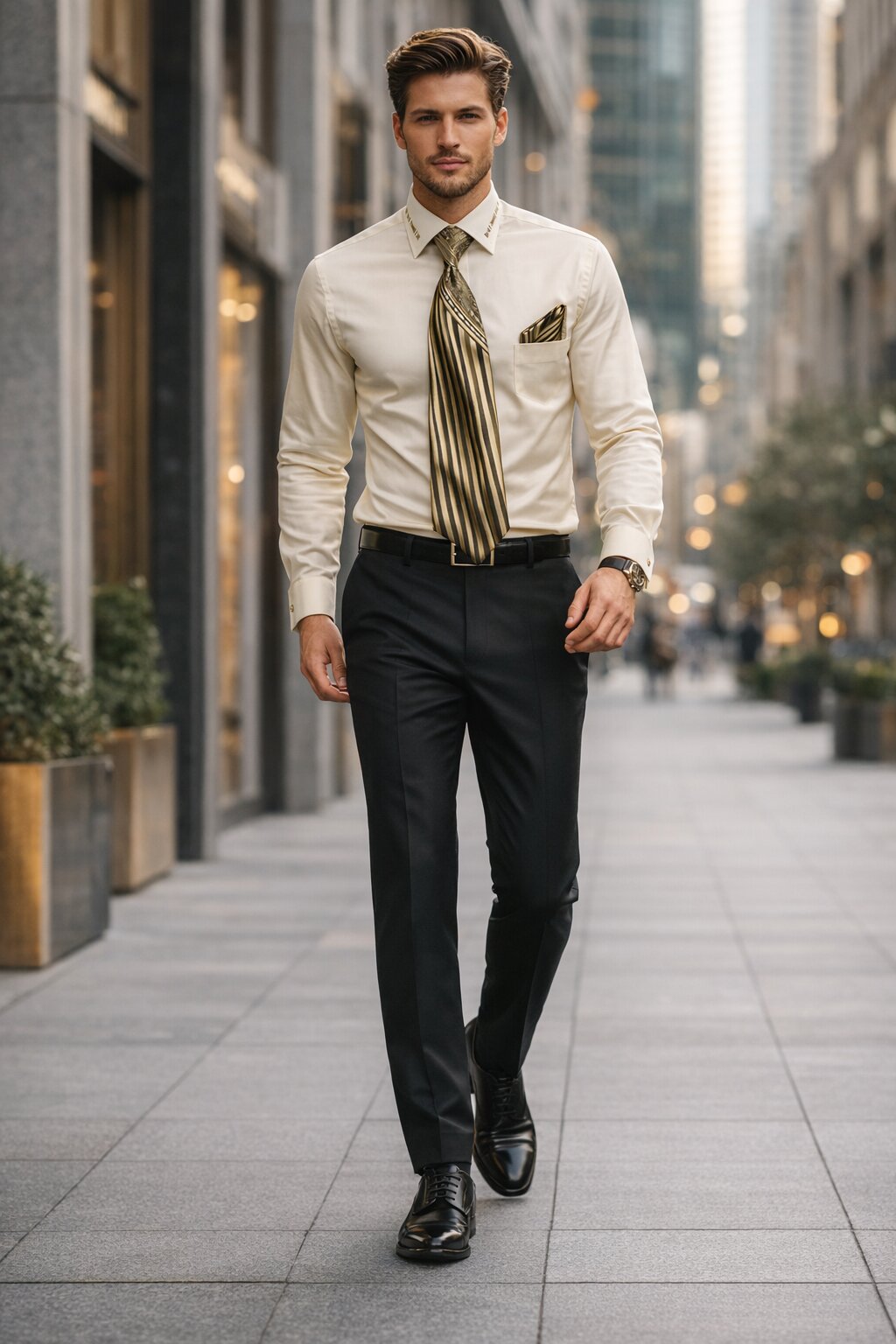 French Cuff + Tie + Handkerchief Men's Dress Shirt With Tie