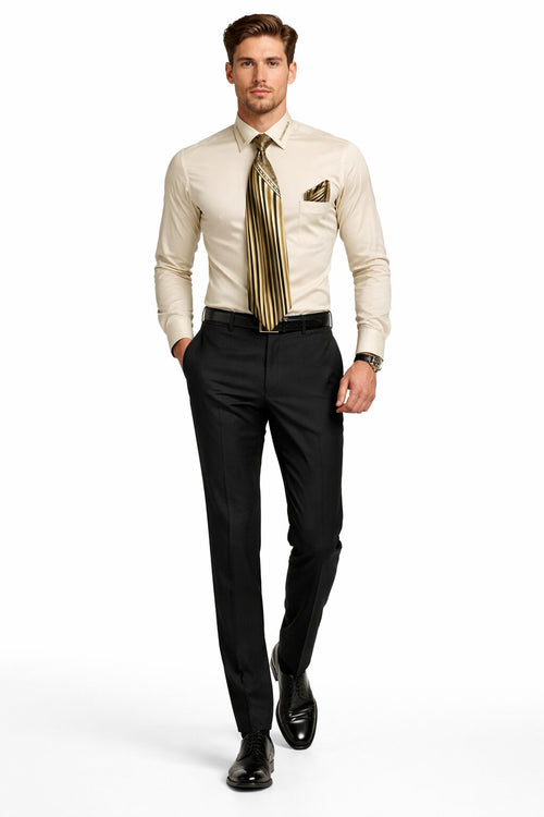 French Cuff + Tie + Handkerchief Men's Dress Shirt With Tie