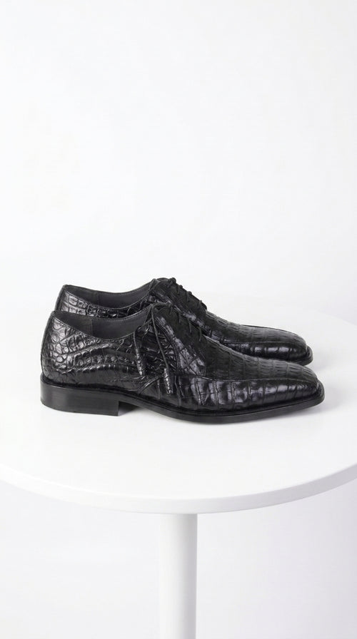 Men’s Original Exotic Caiman Belly Skin Shoes ZV038205, Black Lace-Up Formal Dress Shoes