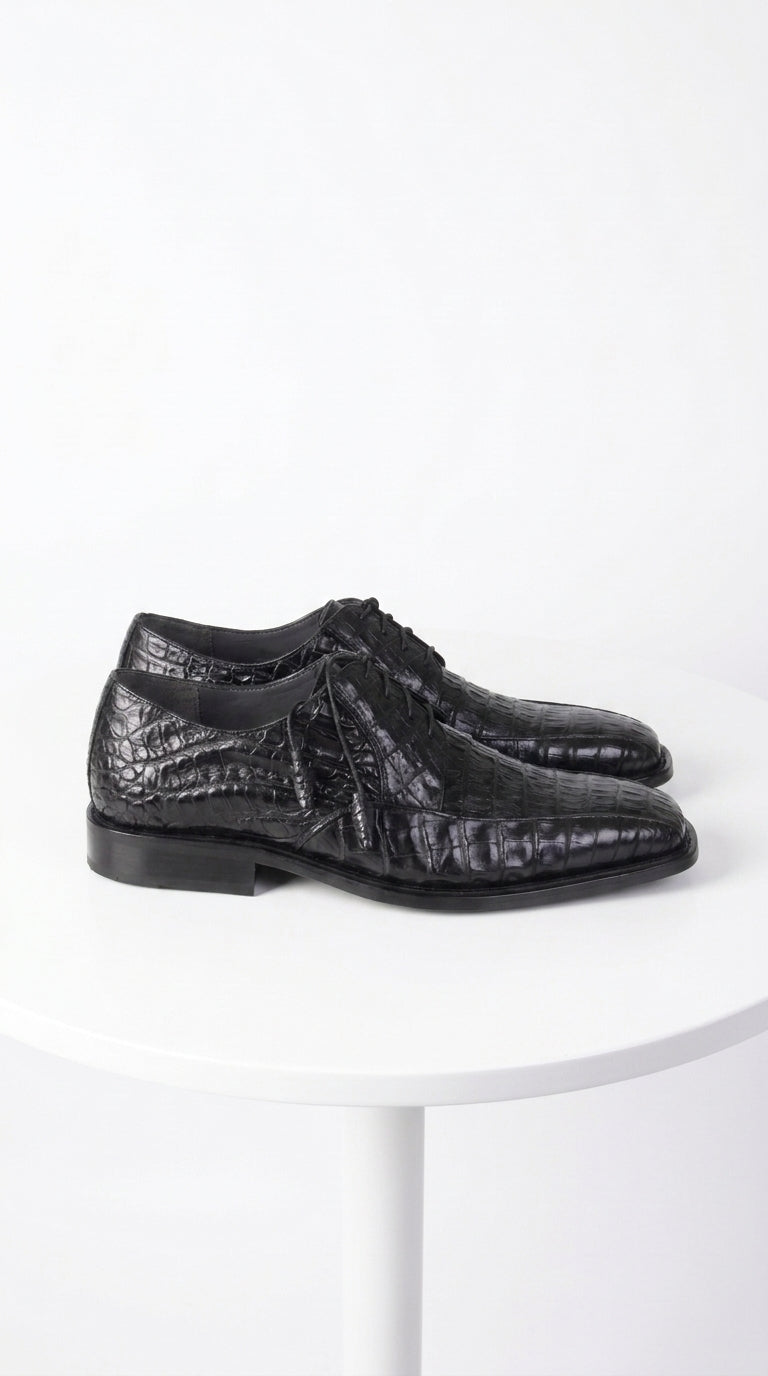 Men’s Original Exotic Caiman Belly Skin Shoes ZV038205, Black Lace-Up Formal Dress Shoes