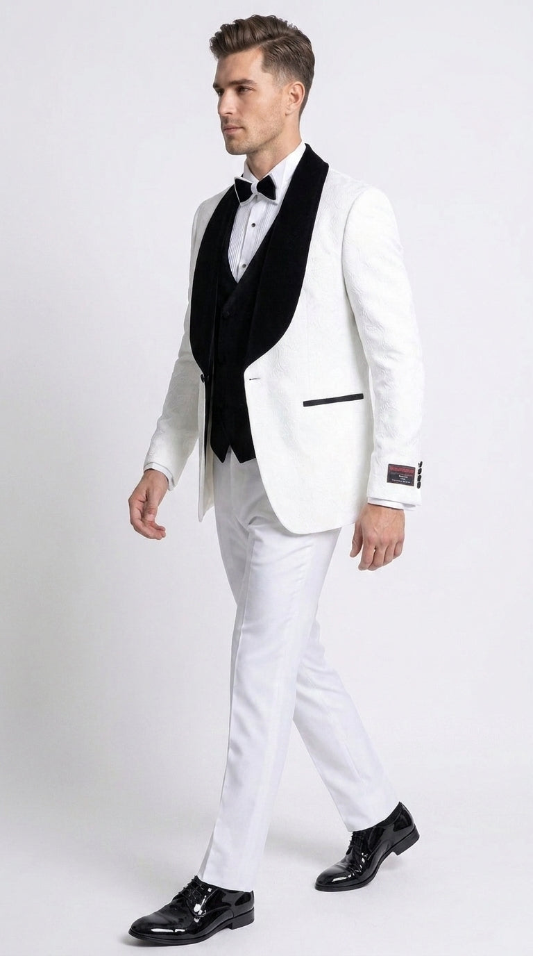 Gianni Men’s White 3 Piece Tuxedo with Black Velvet Lapel, Tailored Fit Formal Wedding Prom Suit