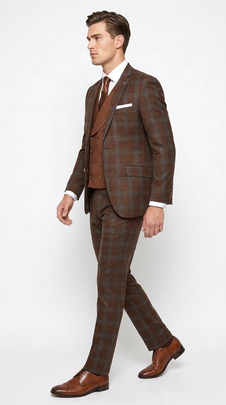Men’s Copper Plaid Modern Fit Wool Suit, 3 Piece Formal Suit with Double Breasted Vest