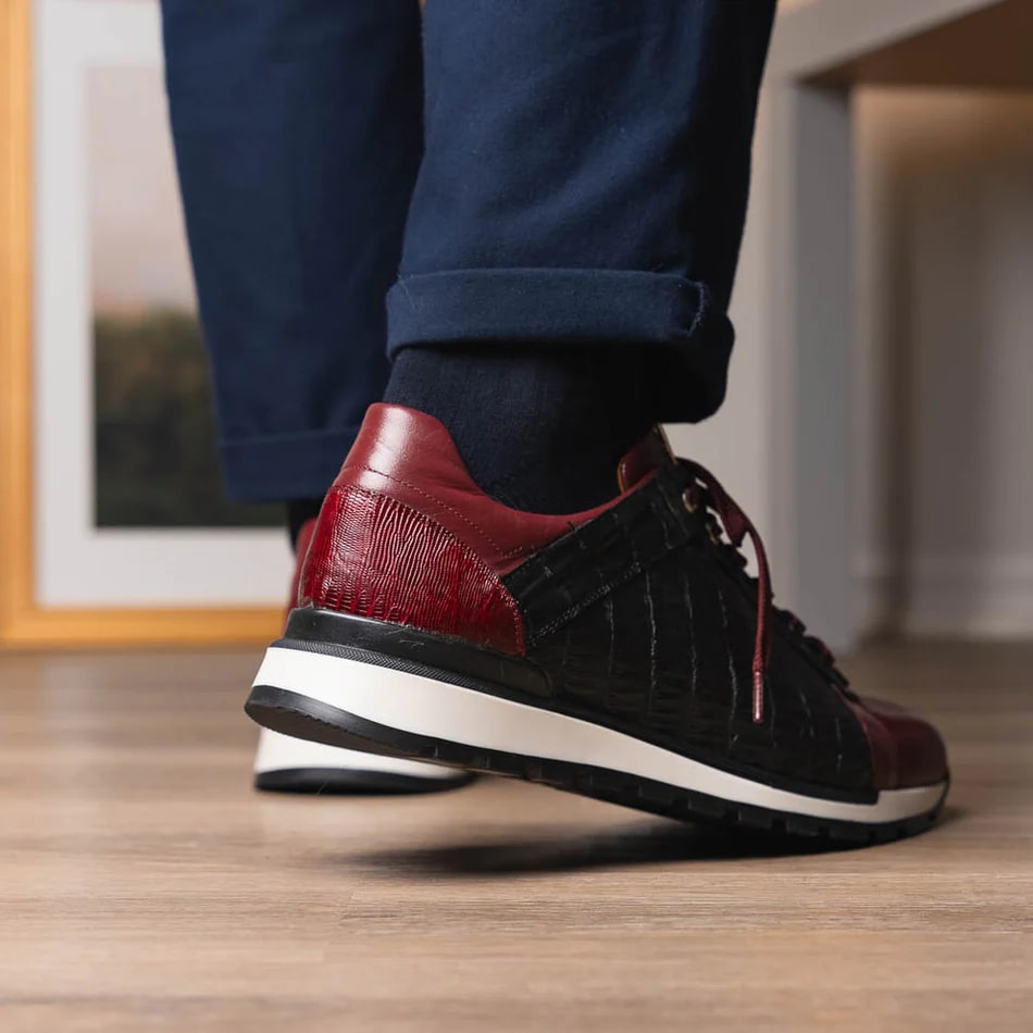 Marco Di Milano Portici Men's Shoes Wine & Black Exotic Lizard / Crocodile Casual Sneakers - 8