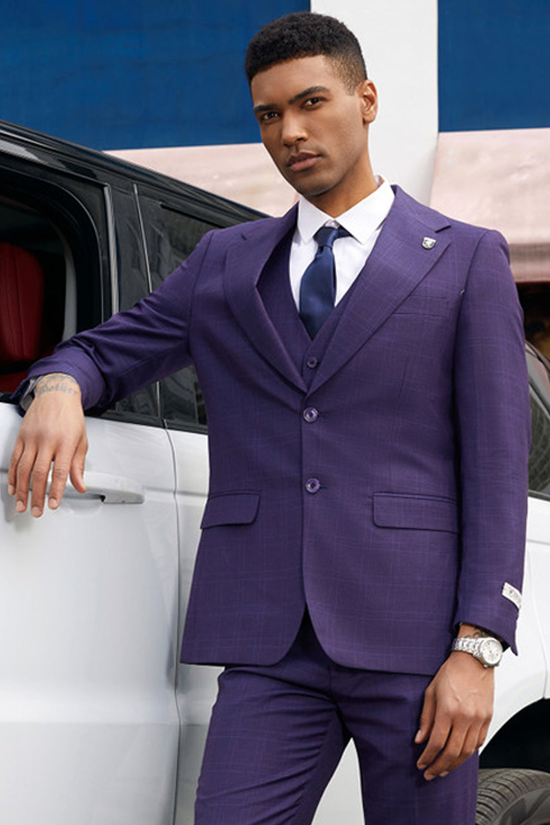 "Stacy Adams Men's Dark Purple Plaid Two Button Vested Business Suit"