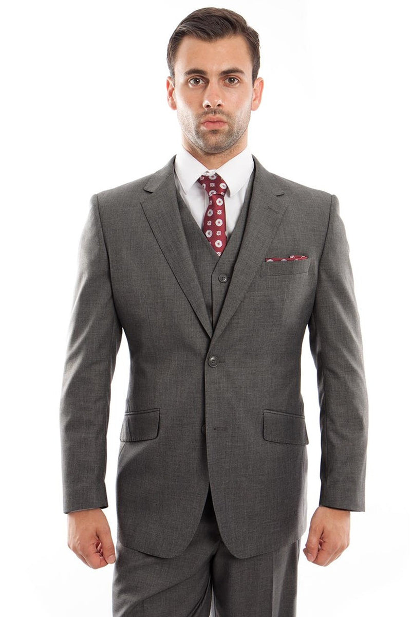 "Charcoal Grey Men's Designer Wool Suit - Modern Fit, Two Button Vested"