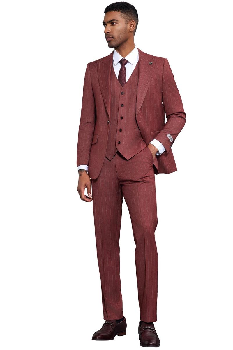 Men's Stacy Adams One Button Peak Lapel Vested Suit in Burgundy Pinstripe - 38 Regular