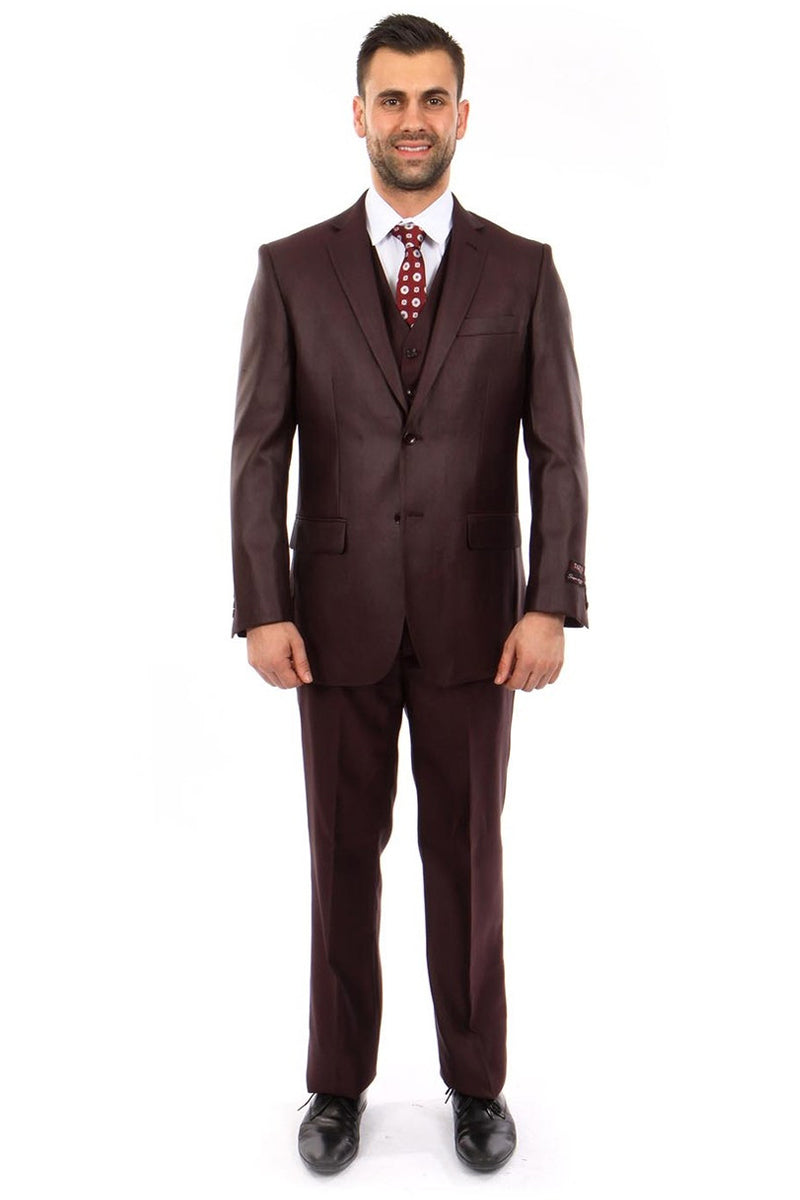 "Burgundy Sharkskin Business Suit - Men's Two Button Vested Style"