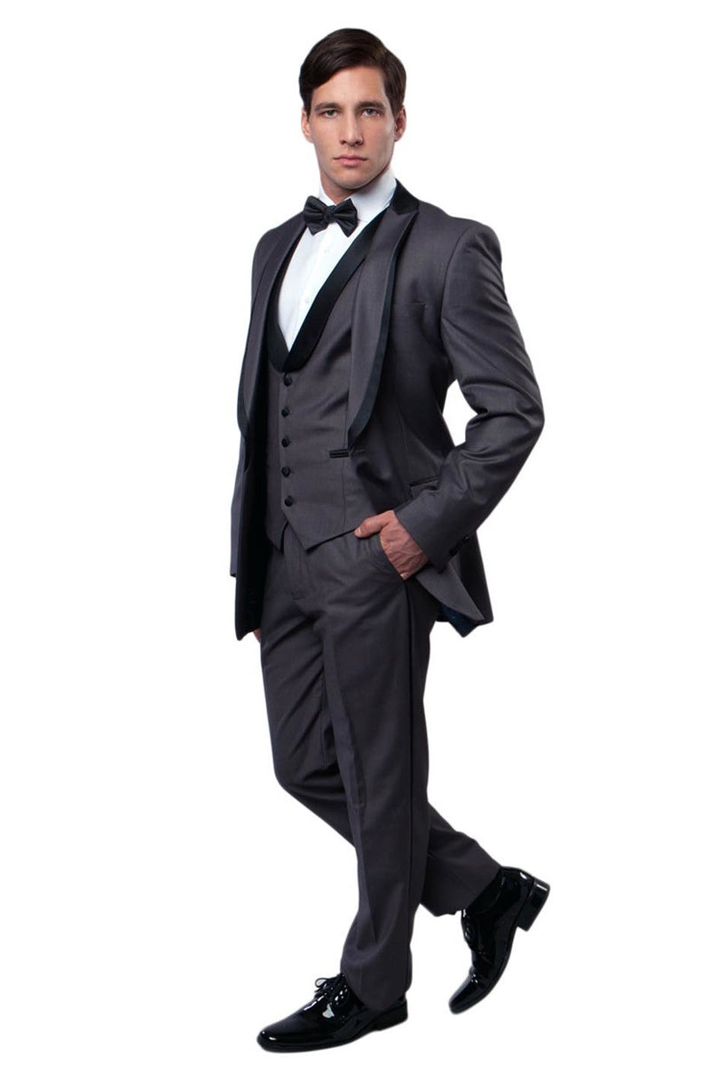 "Charcoal Grey Men's Fancy Tuxedo with Satin Trim - One Button Peak Lapel Vested"