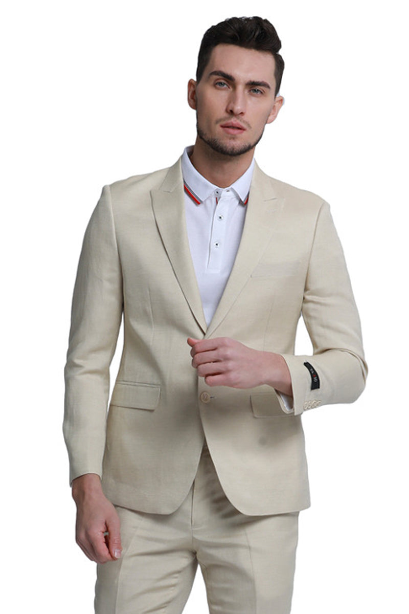"Tan Linen Men's Beach Wedding Suit - Two Button Peak Lapel Style"