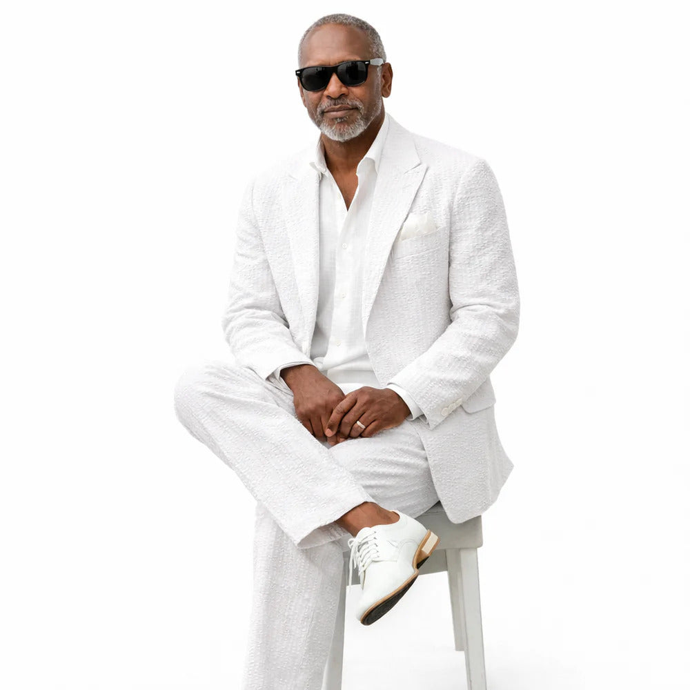 Mens Premium Cotton Seersucker Stripe Suit – White - 34 Short or Extra Small