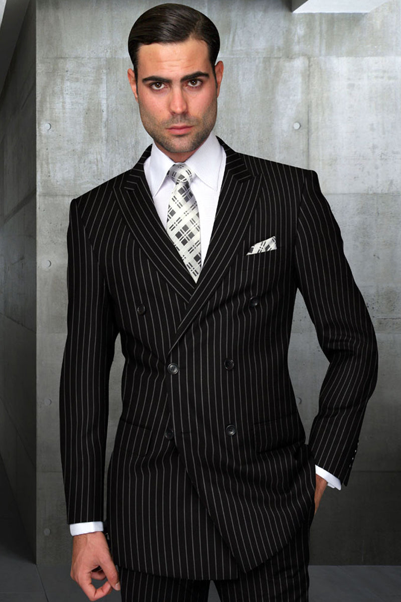 Men's Designer Double Breasted Wool Suit in Bold Black Gangster Pinstripe. - 36 Short
