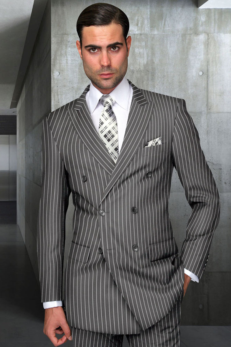 Men's Designer Double Breasted Wool Suit in Bold Grey Gangster Pinstripe. - 36 Short