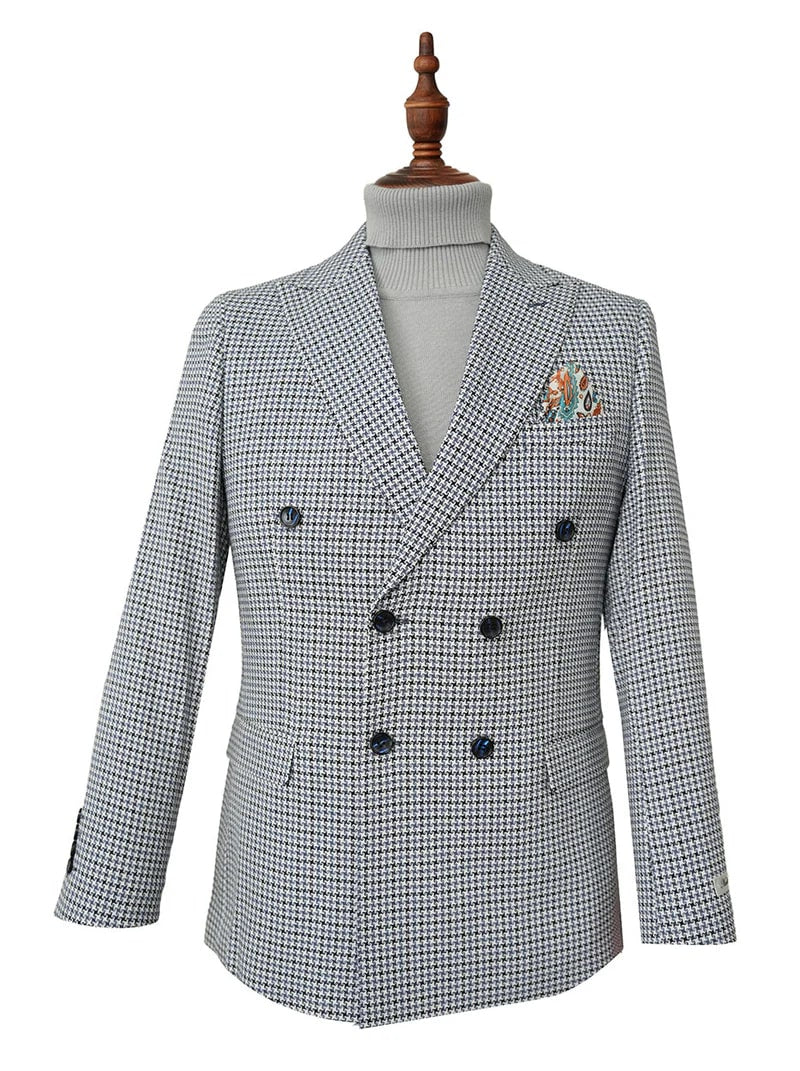 Blue Houndstooth Hybrid Fit Double Breasted Jacket - S