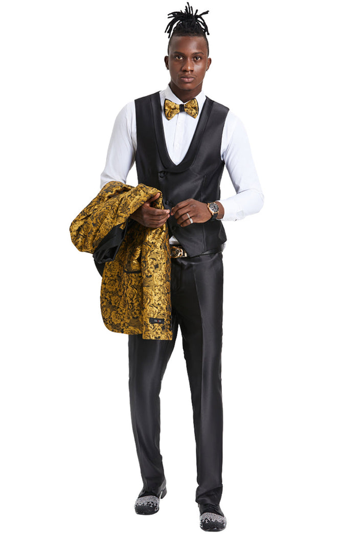 "Gold Paisley Floral Men's Slim Fit Prom 2026 Tuxedo - One Button Vested"