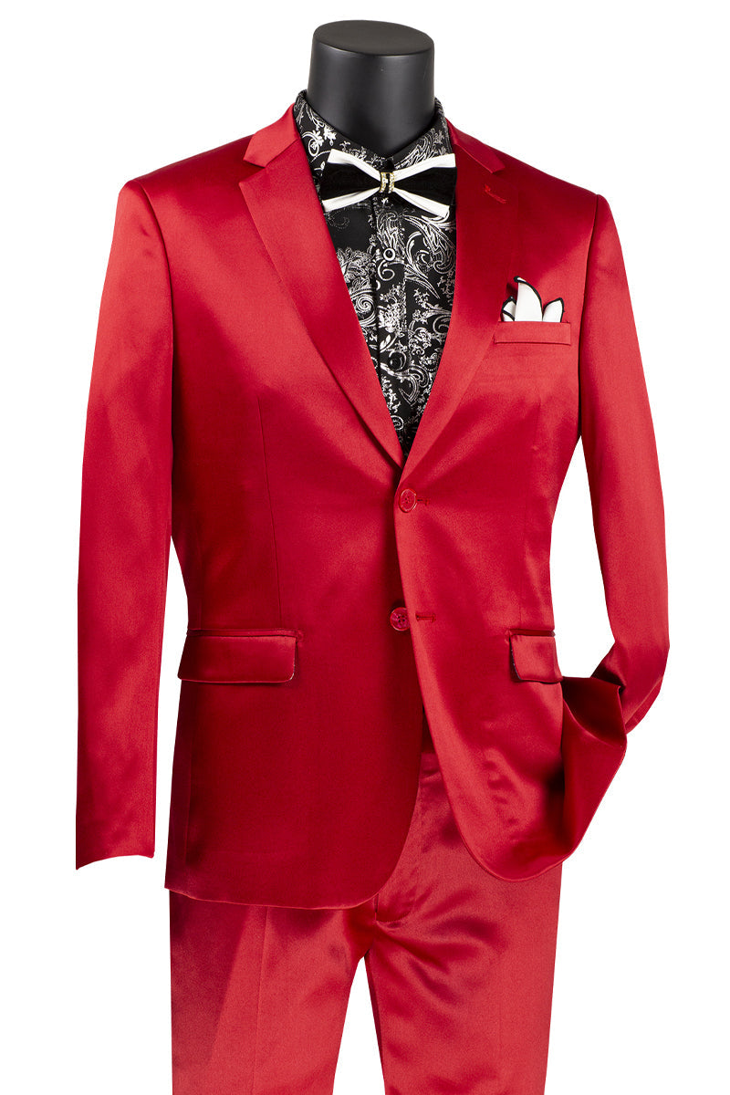 "Red Sharkskin Suit: Men's Slim Fit Satin for Prom & Wedding"