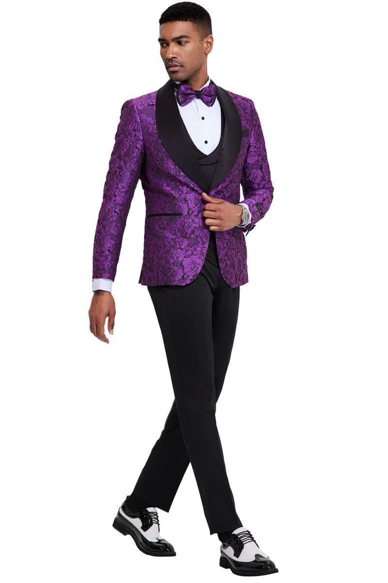 Mardi Gras Tuxedo Suit Men's One Button Slim Fit Shiny Paisley Floral Vested Prom Tuxedo in Purple - 34 Short or Extra Small