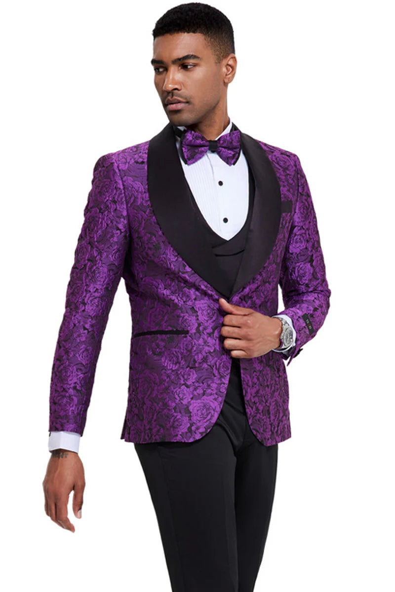 Mardi Gras Tuxedo Suit Men's One Button Slim Fit Shiny Paisley Floral Vested Prom Tuxedo in Purple - 34 Short or Extra Small