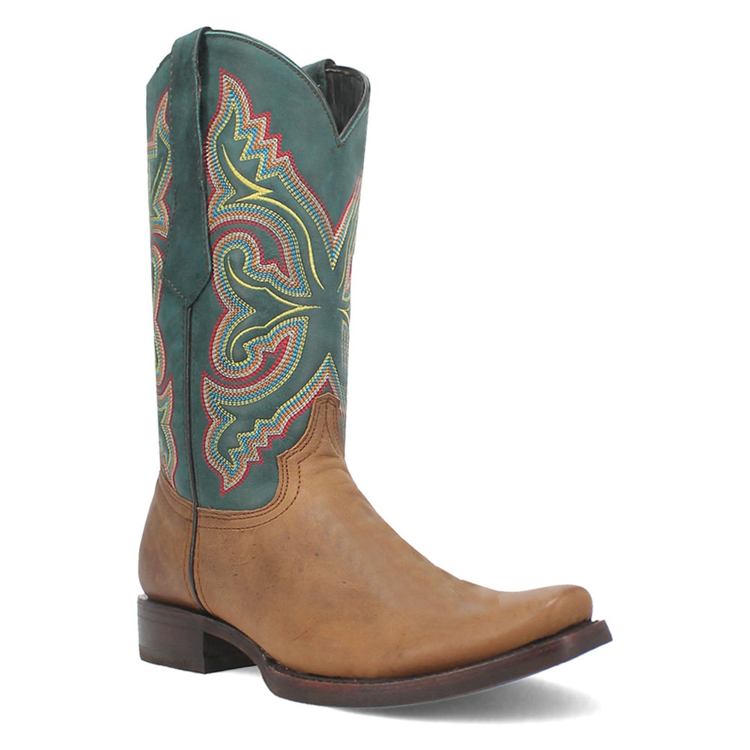 Dingo Tan and Green Snoot Toe Leather Western Boots - 6D