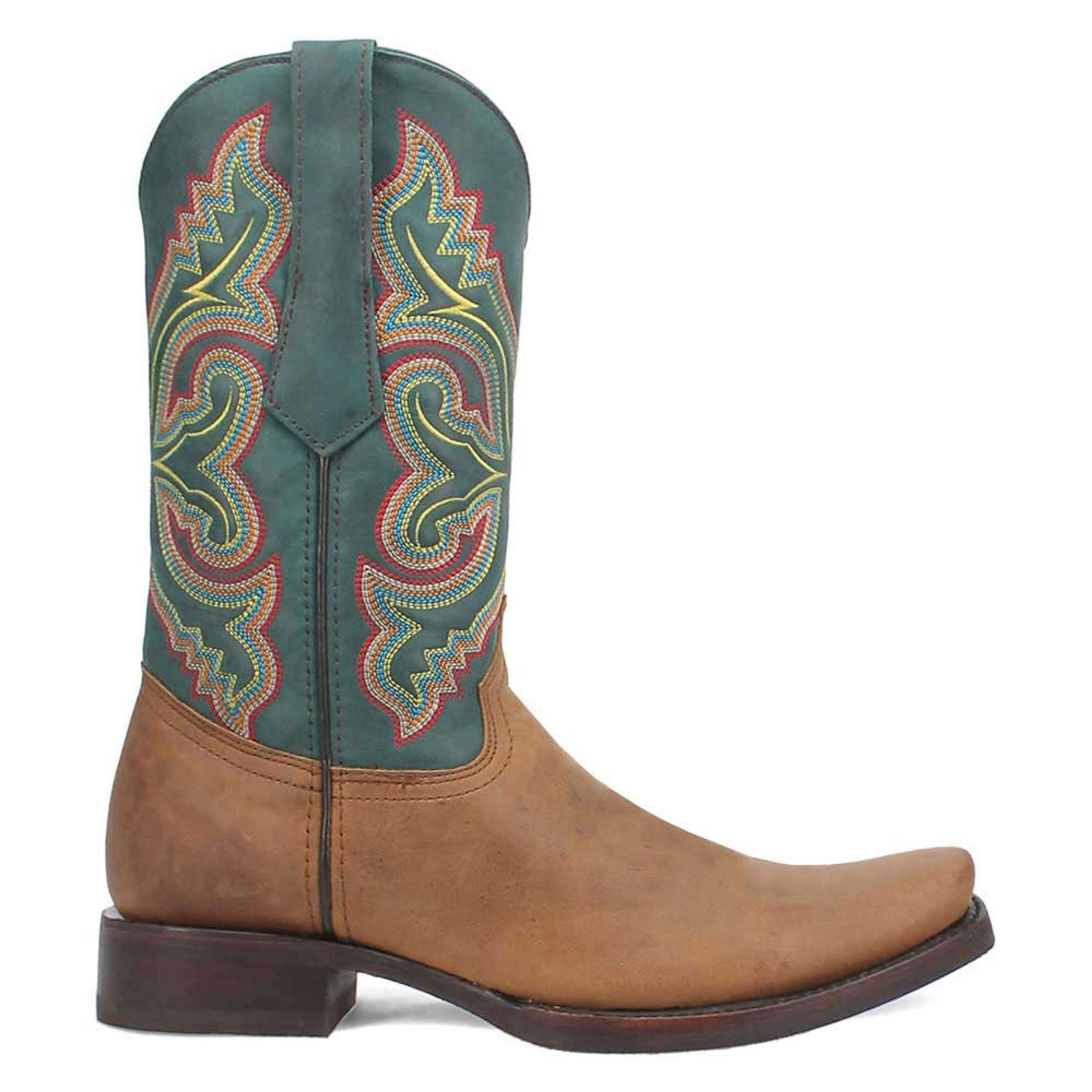 Dingo Tan and Green Snoot Toe Leather Western Boots - 6D