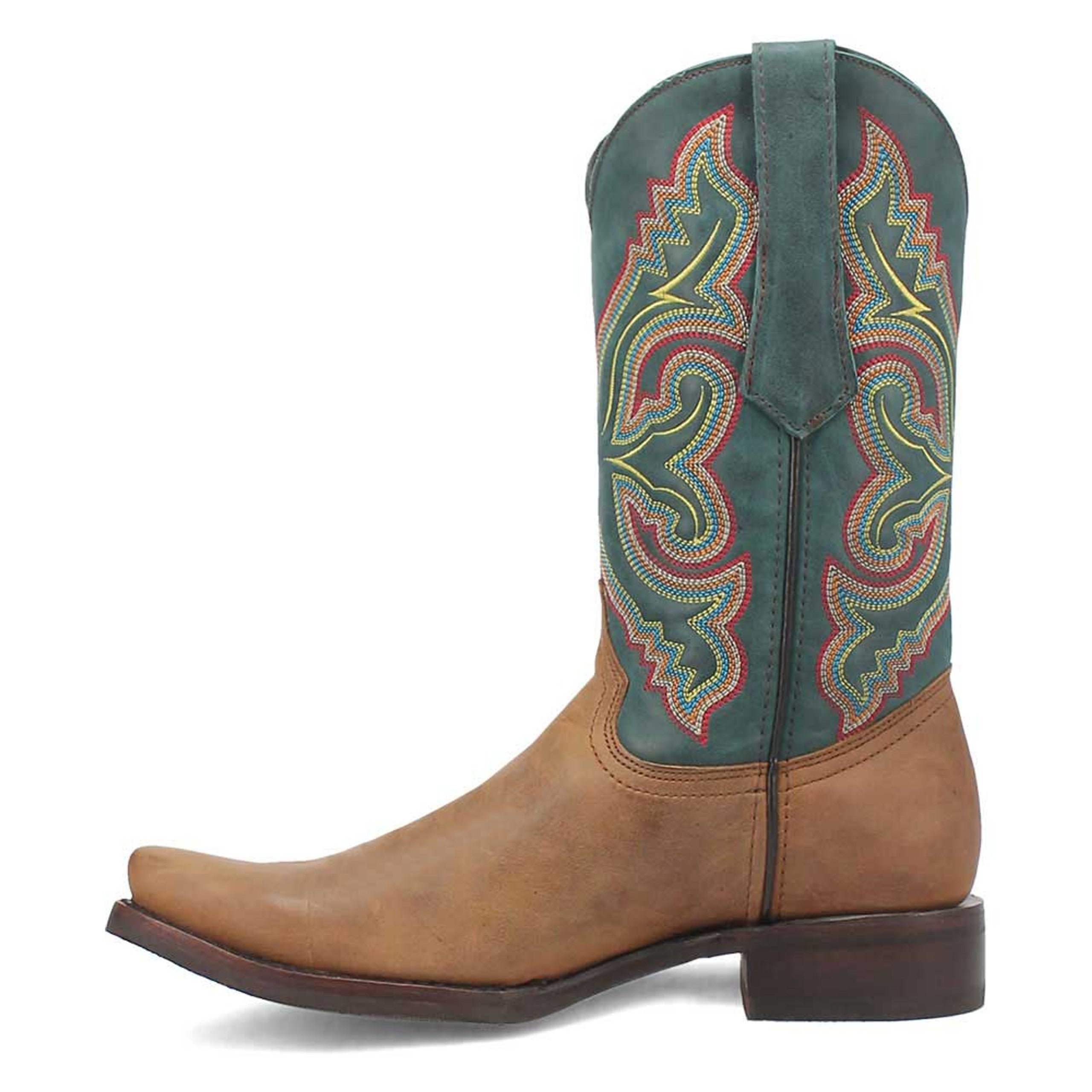Dingo Tan and Green Snoot Toe Leather Western Boots - 6D