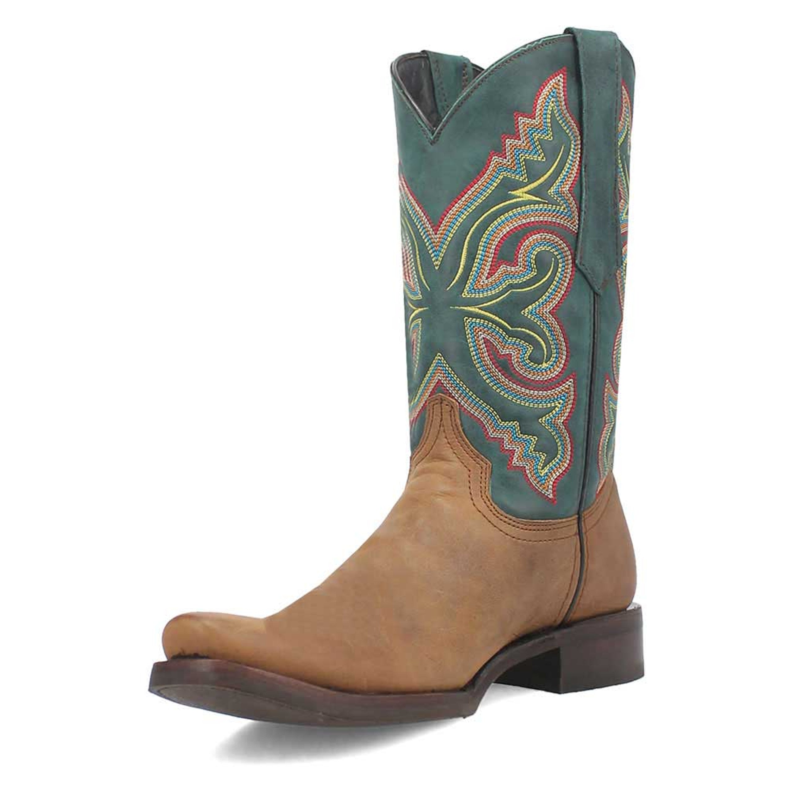 Dingo Tan and Green Snoot Toe Leather Western Boots - 6D