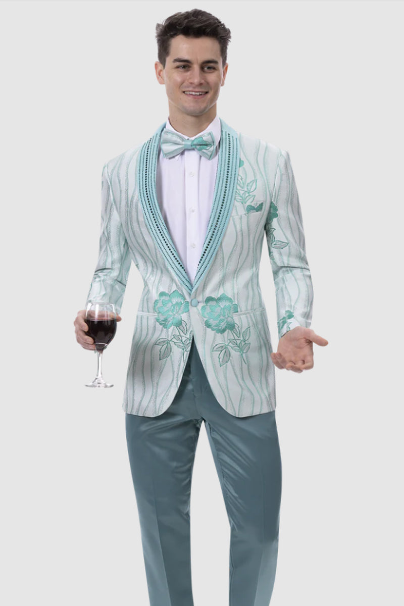 "Teal Prom Tuxedo Jacket - Men's Wave & Flower Pattern with Studded Shawl Lapel"