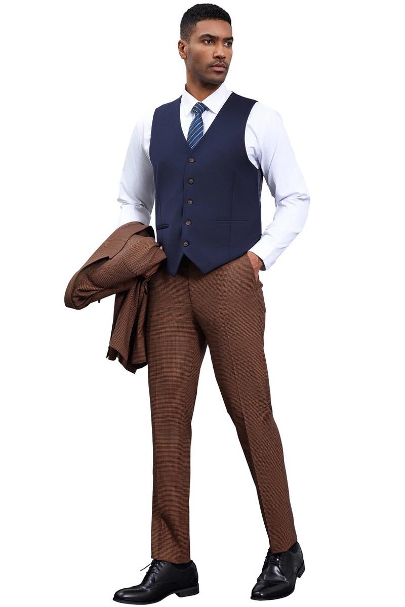Men's Stacy Adams One Button Peak Lapel Vested Micro Check in Cognac Brown with a Navy Vest - 38 Regular