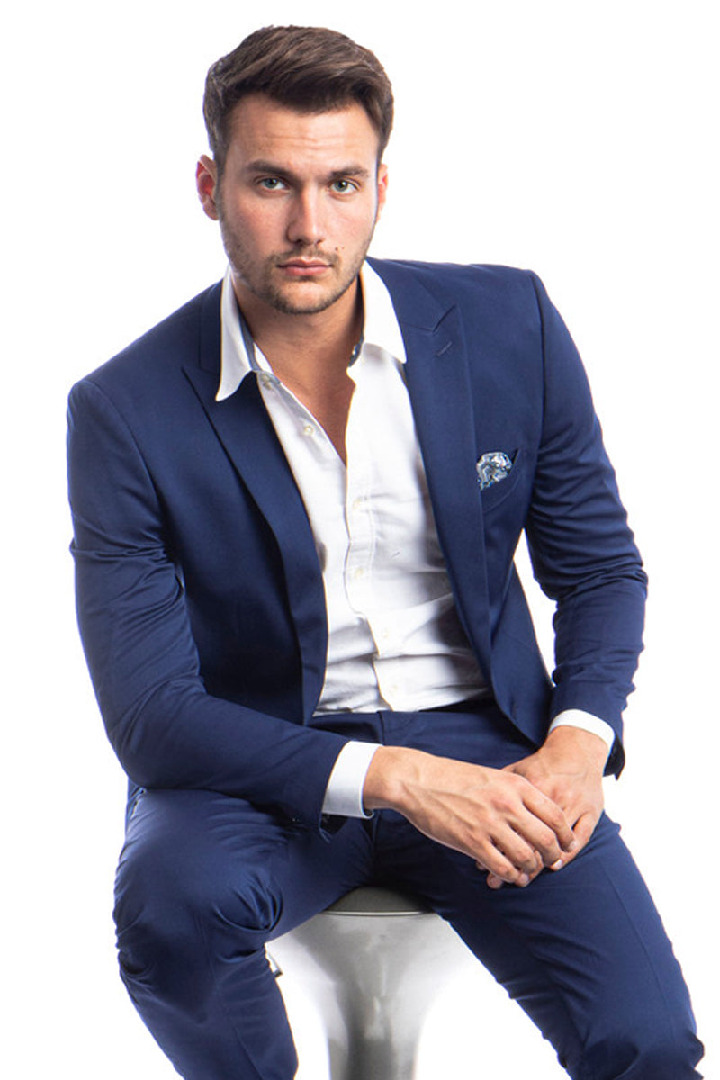 "Dark Blue Slim Fit Suit for Men - One Button Peak Lapel Style"