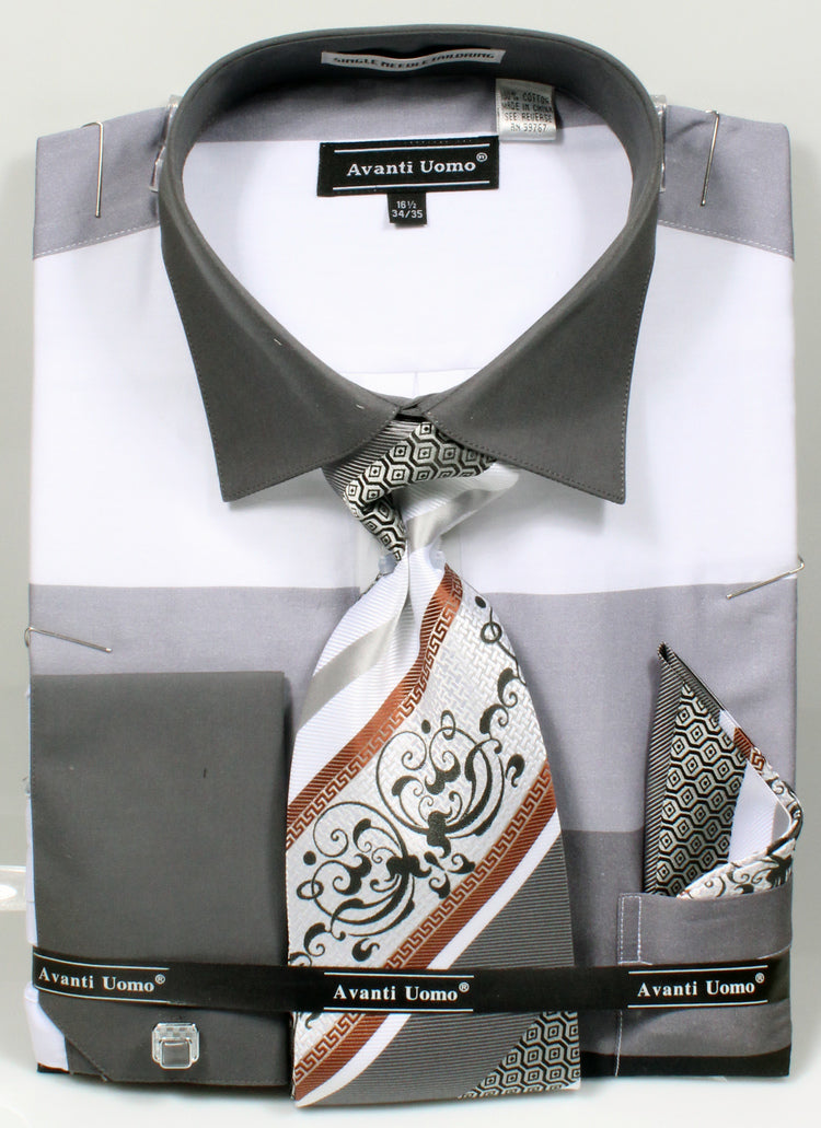 "Men's Black Stripe French Cuff Dress Shirt Set with Tie & Hanky"