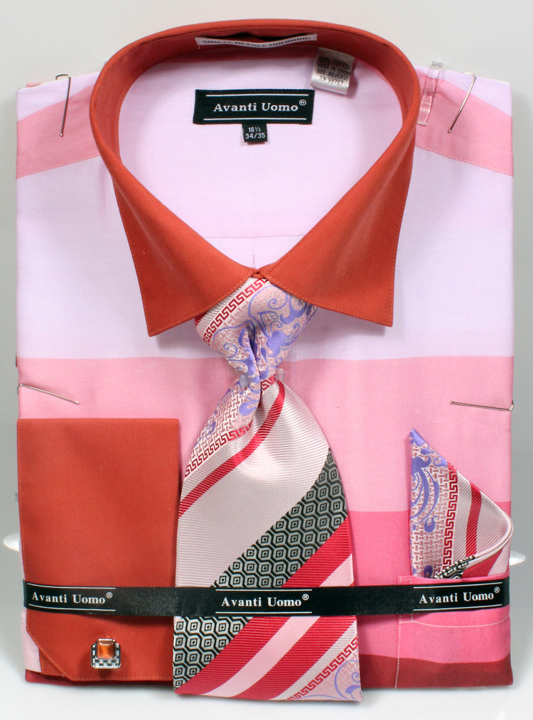 "Men's Pink French Cuff Dress Shirt Set with Contrast Collar & Stripes"