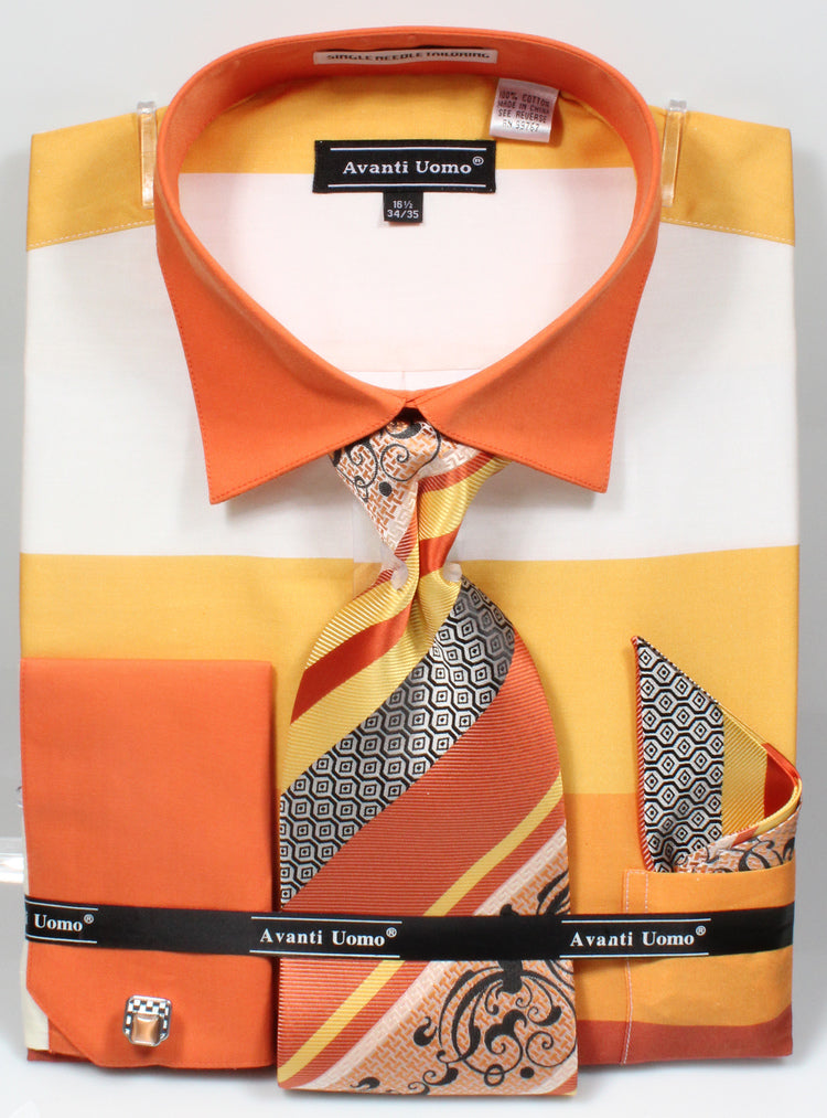 "Yellow Men's Stripe French Cuff Dress Shirt Set with Tie & Hanky"