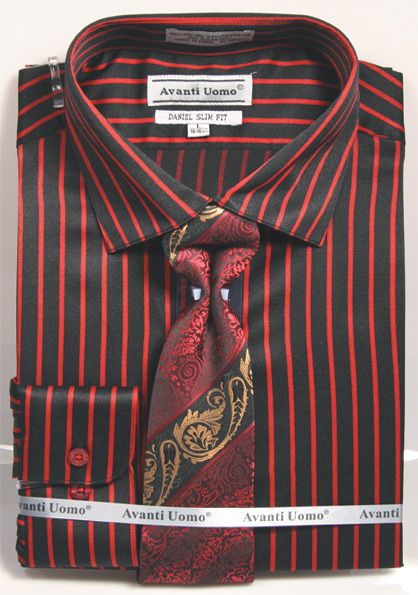 "Men's Slim Fit Pinstripe Dress Shirt & Tie Set - Bold Black & Red"