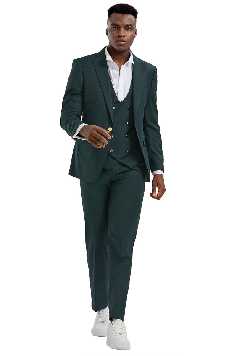 "Men's Hunter Green Vested Suit with Gold Buttons - One Button Peak Lapel"