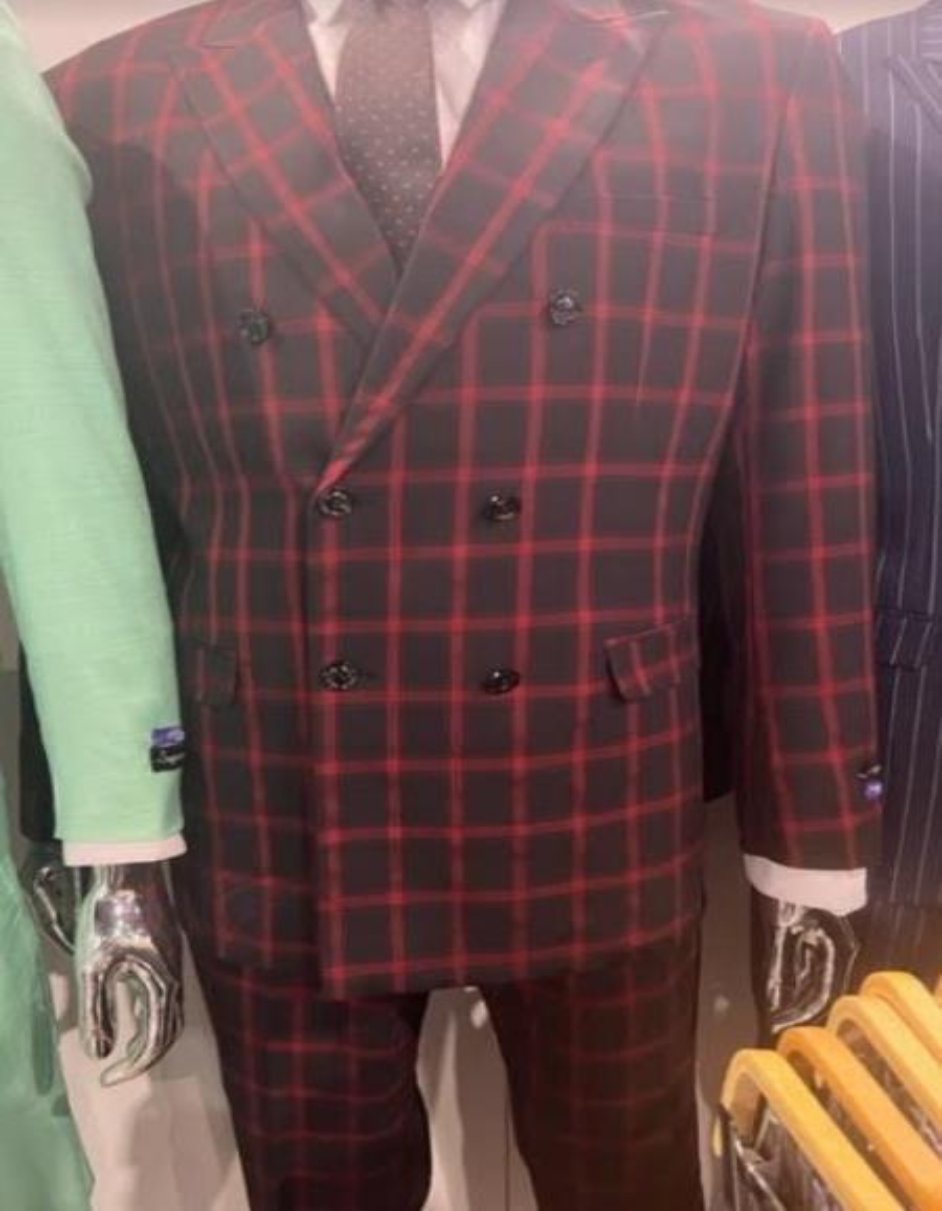 Plaid Suit - Double Breasted Black and Red Color - Gangster 1920s Suit - Windowpane Pattern - 40 Long + 34 Waist(Adjust 2" Large and amp 4")