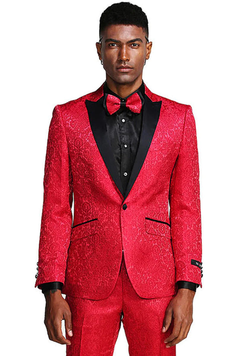 "RED PAISLEY MEN'S SLIM FIT TUXEDO - ONE BUTTON WEDDING & PROM SUIT"