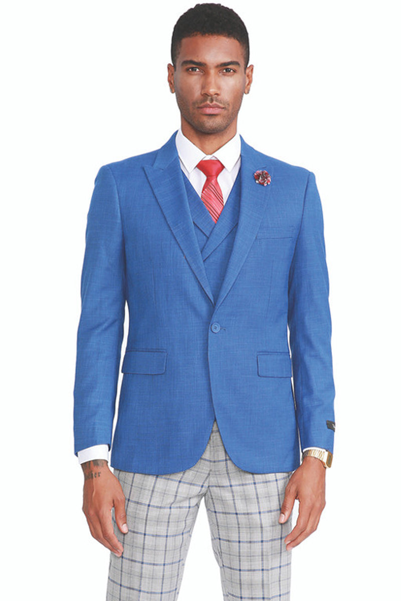 "French Blue Men's Peak Lapel Suit with Plaid Pants - One Button Vested"