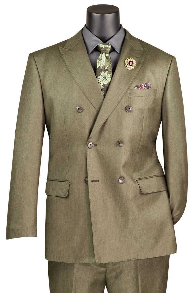 Mens Double Breasted Sharkskin Suit in Dusty Olive Green - 34 Short or Extra Small