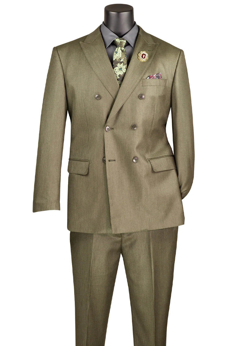 Mens Double Breasted Sharkskin Suit in Dusty Olive Green - 34 Short or Extra Small