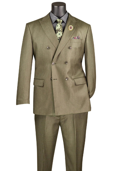 Mens Double Breasted Sharkskin Suit in Dusty Olive Green