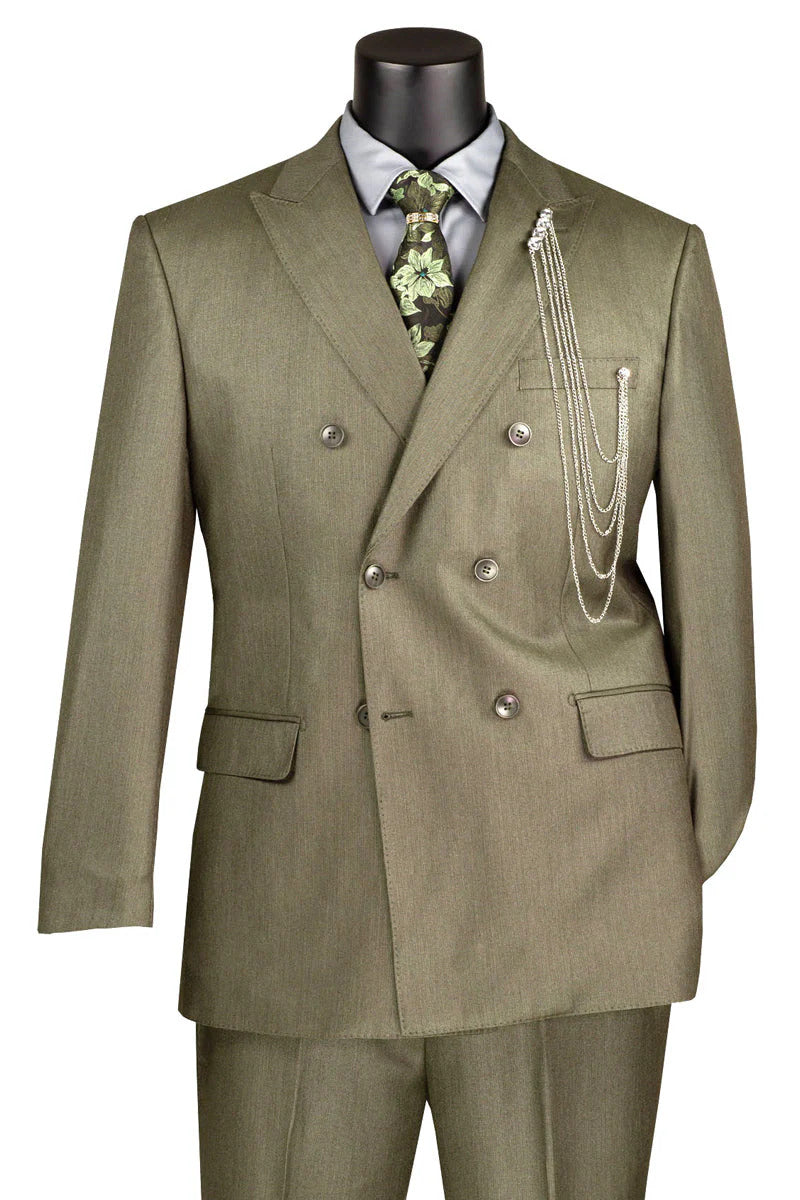 Mens Double Breasted Sharkskin Suit in Dusty Olive Green - 34 Short or Extra Small
