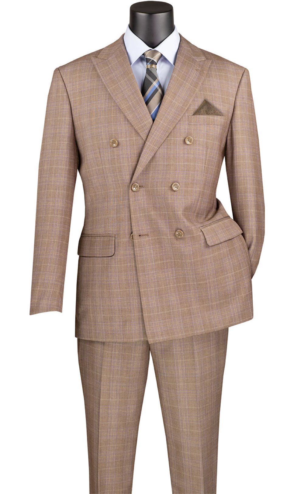 Alexander Collection - Tan Double Breasted 2 Piece Suit Regular Fit Glen Plaid - Tan