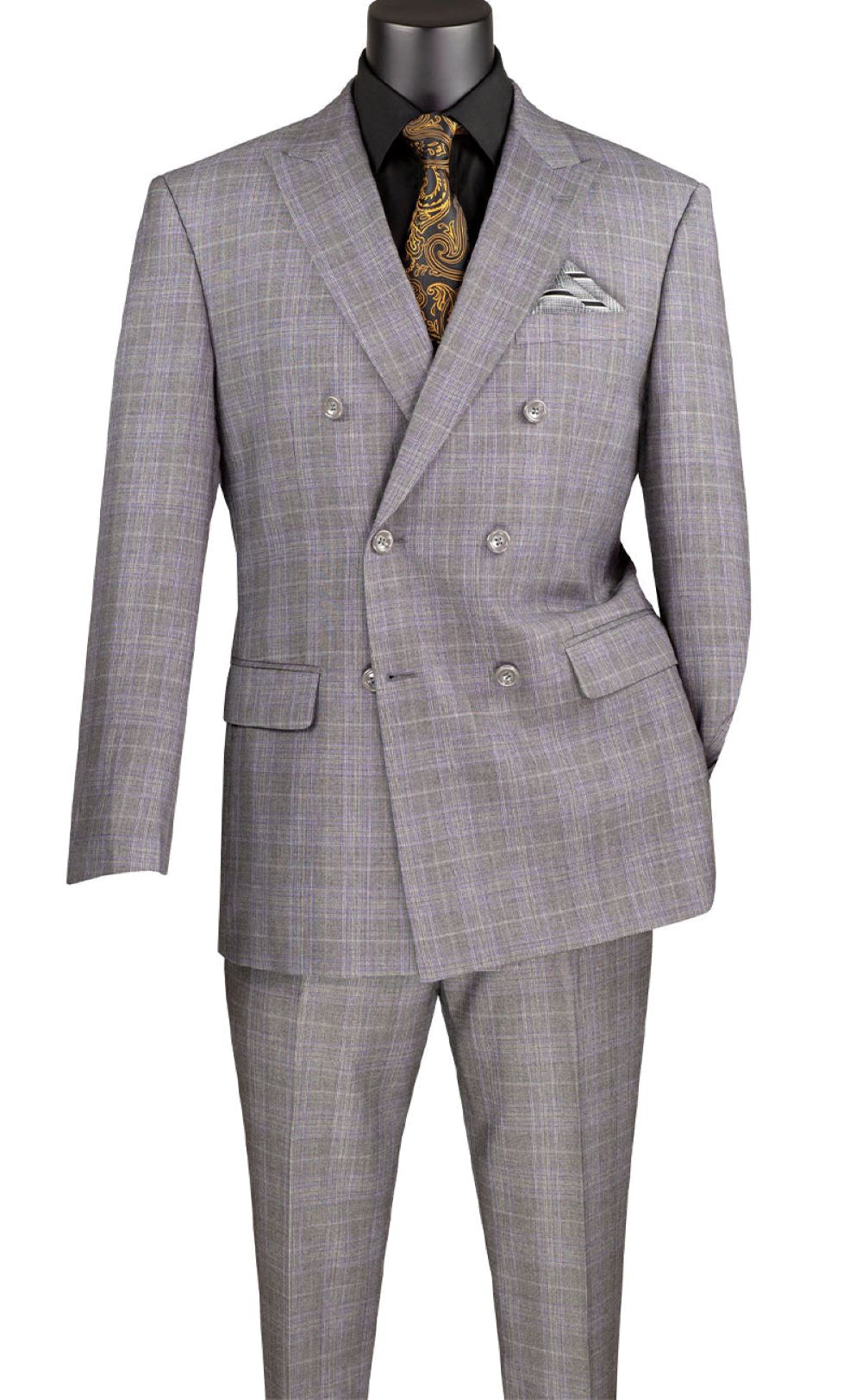 Alexander Collection - Gray Double Breasted 2 Piece Suit Regular Fit Glen Plaid - Gray