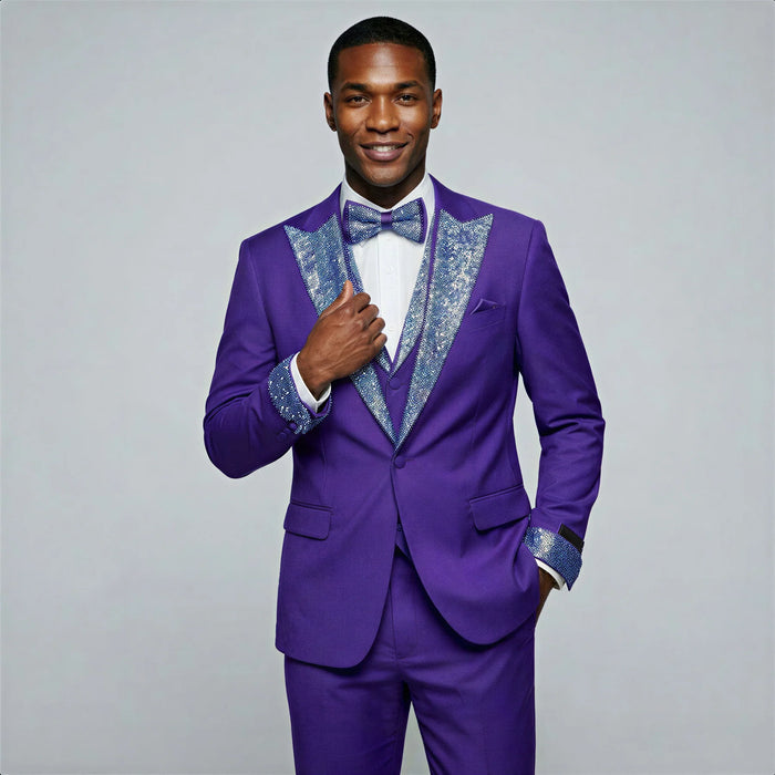 Mardi Gras Tuxedo Suit Purple Peak Lapel Tuxedo with Stones 4 Piece Set