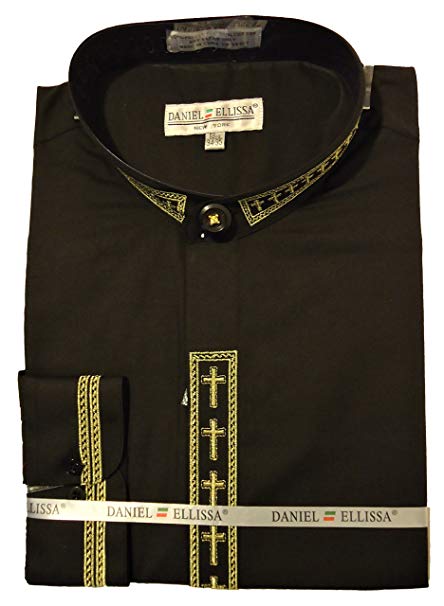 "Men's Clergy Shirt - Cross Embroidered Banded Collar in Black & Gold"