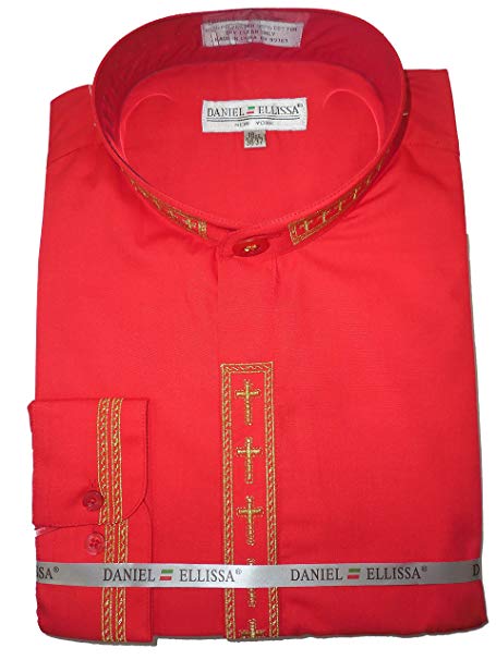 "Men's Clergy Shirt - Red & Gold Cross Embroidered Banded Collar Dress"