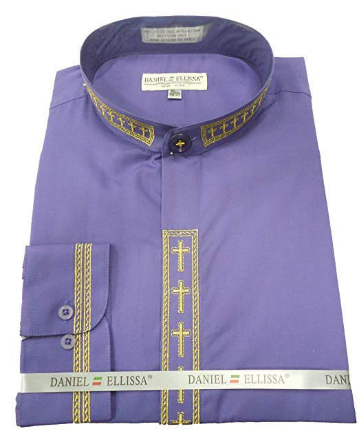 "Men's Clergy Shirt - Cross Embroidered Banded Collar in Purple & Gold"