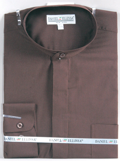 "Men's Dark Brown Classic Banded Collar French Front Dress Shirt"