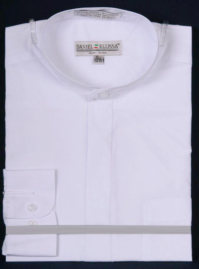 "White Men's Classic French Front Dress Shirt with Banded Collar"