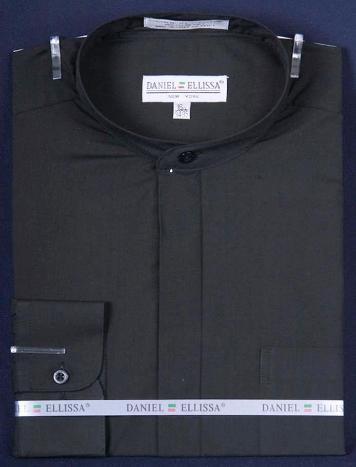 "Black Men's Classic Dress Shirt with Banded Collar - French Front Style"